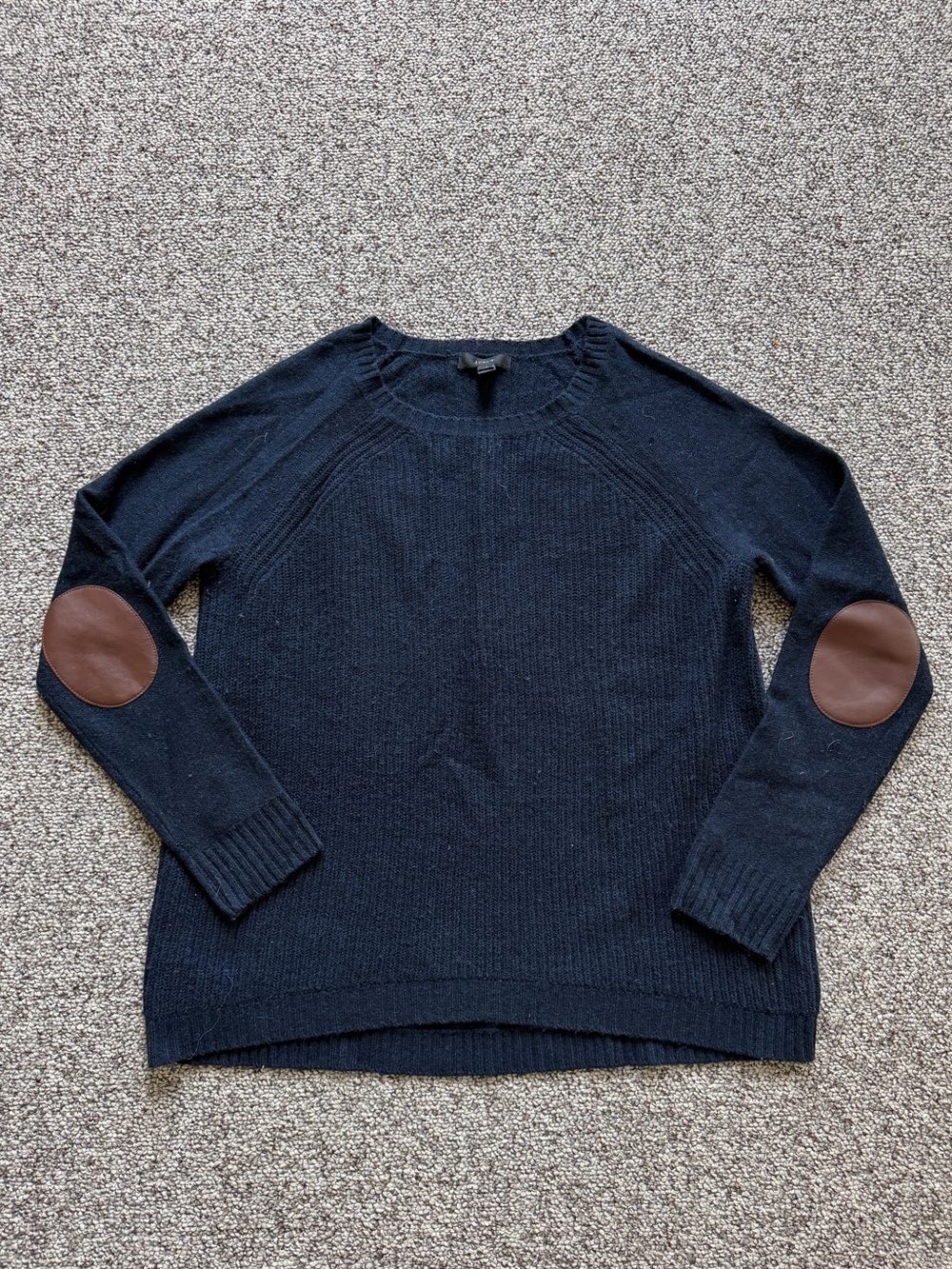 J. Crew Preppy Heritage Style Navy Wool Sweater Leather Brown Elbow Patches XS